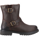 Side profile of the dark brown waterproof leather ankle boots with twin adjustable buckle straps, soft faux fur lining and chunky lug sole.