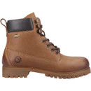 Women's waterproof leather lace-up ankle walking boots in tan with a padded collar, heel pull tab and rugged cleated sole for everyday outdoor wear.