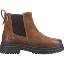 Side profile of women's tan waterproof leather Chelsea ankle boots with elastic side panels, heel pull tab and sturdy sole.
