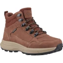 Women's brown waterproof mid walking boots with lace-up fastening, cushioned beige midsole and rugged black outsole for hiking and outdoor adventures.
