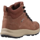 Rear side view of women's brown waterproof hiking boots featuring a padded ankle collar, heel pull tab and durable grip outsole.