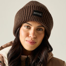Front view of the Regatta Ground Coffee ribbed knit beanie worn by a model.