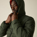 Close-up of the Regatta Men's Astrel Hooded Jacket in Dark Khaki with the hood up.