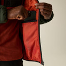 Close-up of the Regatta Men's Astrel Hooded Jacket in Dark Khaki showing the internal phone pocket.