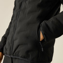Close-up of the Regatta black insulated jacket showing the zipped hand pocket and quilted design.