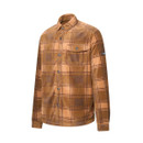 Angled front view of the Regatta men's Frankie fleece shacket in Rich Tan Ground Coffee check on a white background.