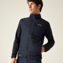 Front view of a model wearing the Regatta men's Cyrus Hybrid jacket in Navy/Dusky Blue.