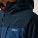 Close-up of the Regatta Highton Stretch Padded men's waterproof jacket in Blue/Navy showing the water-repellent fabric with water beading.