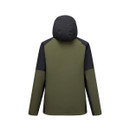 Rear view of the Regatta Highton Stretch men's waterproof jacket in Dark Khaki/Black with the hood up.