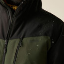 Close-up of the Regatta Highton Stretch men's waterproof jacket in Dark Khaki/Black with water beading on the fabric.