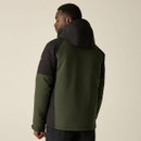 Rear view of a model wearing the Regatta Highton Stretch men's waterproof jacket in Dark Khaki/Black with the hood up.