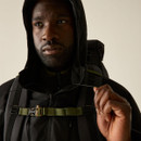 Rear view of a model wearing the Regatta Men's Highton Stretch Padded Jacket in Ash/Black with the hood up.