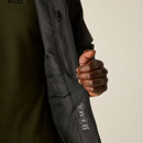 Close-up of the Regatta Men's Highton Stretch Padded Jacket in Ash/Black showing the inner pocket and waterproof and breathable performance icons.