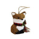Rustic bristle fox Christmas tree decoration with a red tartan scarf, pine cone detail and hanging twine loop for festive tree displays.