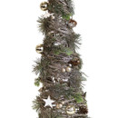 Detailed view of a rustic glitter twig cone Christmas tree with festive pine foliage, metallic baubles, pinecones and decorative star embellishments.