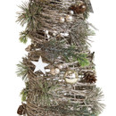 Close-up of a glitter cone Christmas tree decoration featuring faux pine branches, champagne baubles, pinecones and white star accents.