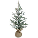 Snow-flocked artificial Christmas tree in a rustic burlap-wrapped base, featuring realistic frosted branches and warm micro LED lights, ideal for tabletops, entryways and festive home décor.