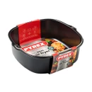 Pyrex square metal air fryer baking dish with stainless steel carry handle and branded packaging, shown on a white background.