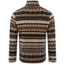 Rear view of a men's brown and cream patterned borg fleece featuring an all-over Fair Isle inspired design, high collar and long sleeves.