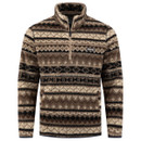 Front view of a men's brown and cream patterned borg fleece with a high collar, quarter zip fastening and Weird Fish chest badge.