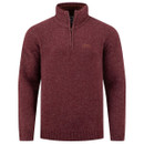 Men's burgundy marl knitted jumper with a quarter zip fastening, ribbed funnel neck, long sleeves, ribbed cuffs and hem, and embroidered chest logo.