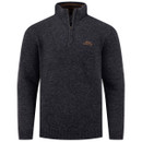 Men's charcoal marl knitted jumper with a quarter zip fastening, ribbed funnel neck, long sleeves, ribbed cuffs and hem, and embroidered chest logo.