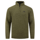 Men's olive green marl knitted jumper with a quarter zip fastening, ribbed funnel neck, long sleeves, ribbed cuffs and hem, and embroidered chest logo.