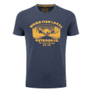 Front product image of the Weird Fish men's navy crew neck graphic T-shirt featuring a large mountain lake outdoor print, short sleeves and a comfortable regular fit.