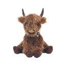 Brown Highland cow plush doorstop with long shaggy faux fur, curved dark horns, soft brown hooves, and a grey tartan ribbon around its neck, sitting against a white background.