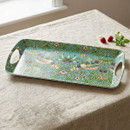 William Morris Strawberry Thief rectangular serving tray featuring the iconic bird, strawberry and floral pattern on a soft blue background. Designed with integrated carry handles and displayed on a linen-covered table alongside fresh strawberries.