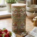 William Morris Strawberry Thief large glass storage canister with a natural wooden lid. Featuring the iconic bird and strawberry design, ideal for storing pasta, cereal, baking ingredients and other dry foods.