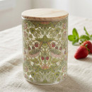 William Morris Strawberry Thief medium glass storage canister with a natural wooden lid. Featuring the iconic bird and strawberry pattern, ideal for storing tea, coffee, sugar, pasta or dry ingredients.