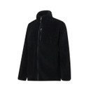Angled front view of the Regatta women's black borg fleece jacket showing the zipped chest pocket and side pocket.