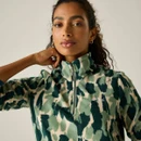 Close-up of the Regatta women's Pine Camo Print quarter zip fleece, highlighting the high collar, quarter zip and soft fleece fabric.