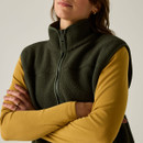 Close-up of the Regatta women's Dark Khaki borg bodywarmer, highlighting the soft borg fleece, high collar and full zip fastening.