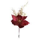 Deep red velvet glitter flower pick with gold glitter detailing, sparkling berries and decorative branches, perfect for Christmas trees, wreaths and festive floral displays.