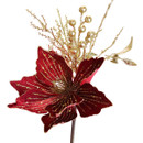 Close-up of a deep red velvet Christmas flower pick featuring shimmering gold glitter accents, glitter berries and elegant decorative branches.