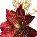 Detailed view of the deep red velvet flower pick showcasing gold glitter-lined petals, sparkling centre and festive berry sprays for luxurious Christmas décor.