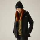 Model wearing the Regatta Women's Highton Stretch Waterproof Jacket in Black with hood up.