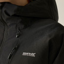 Close-up of the Regatta Women's Highton Stretch Waterproof Jacket in Black showing water-repellent fabric and Regatta logo.