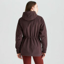 Rear view of the women's deep bark fleece smock showing the hood, raglan sleeves and adjustable drawcord waist.