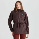 Front view of a women's deep bark fleece smock with a quarter zip, adjustable drawcord waist, high collar and long sleeves.
