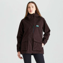 Front view of a women's deep bark waterproof jacket with a hood, high collar, full-length zip and large front cargo pockets.