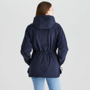 Rear view of the women's navy fleece smock showing the hood, raglan sleeves and adjustable drawcord waist.