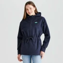 Front view of a women's navy fleece smock with a quarter zip, adjustable drawcord waist, hood and long sleeves.