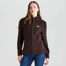 Front view of a women's deep bark full-zip fleece jacket with a high collar, zipped hand pockets and a fitted silhouette.