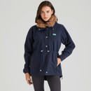 Front view of a women's navy waterproof smock with a faux fur-trimmed hood, adjustable waist and zipped pockets.