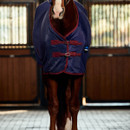Front view of a navy fleece horse rug featuring twin adjustable chest buckle fastenings with burgundy webbing and binding.