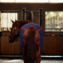 Rear view of a navy fleece horse rug with burgundy trim, showing the tail flap, rear fastening cords and full hindquarter coverage.