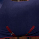 Close-up of the navy fleece horse rug with adjustable cross surcingles and burgundy straps, highlighting secure underbody fastening.